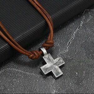 Vintage Style Brown Leather Necklace with Silver Cross Pendant